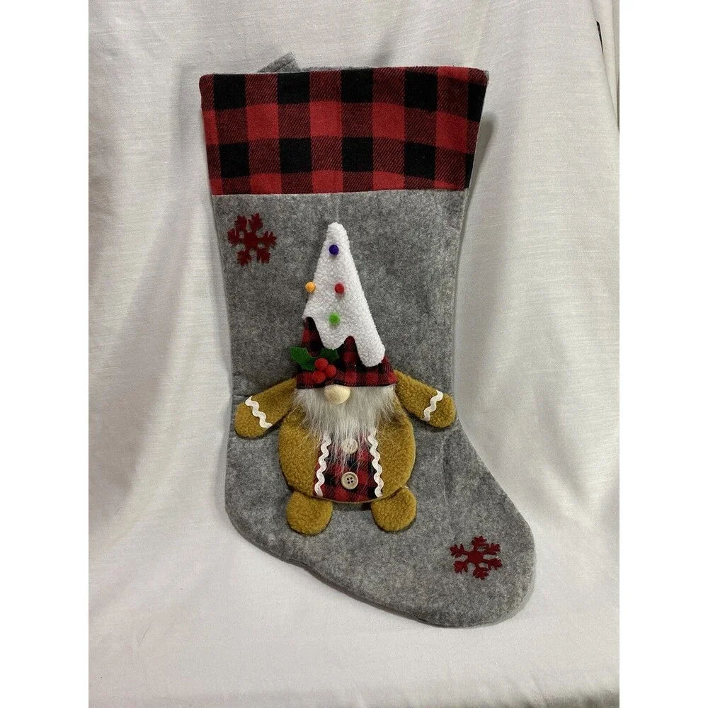 Christmas Stocking 3D Gnome Gingerbread & Plaid Cuff Xmas Decorations Candy bag